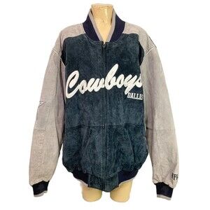 Vintage Dallas Cowboys NFL Jacket XXL 2XL Blue Gray 100% Leather Embroidered EUC